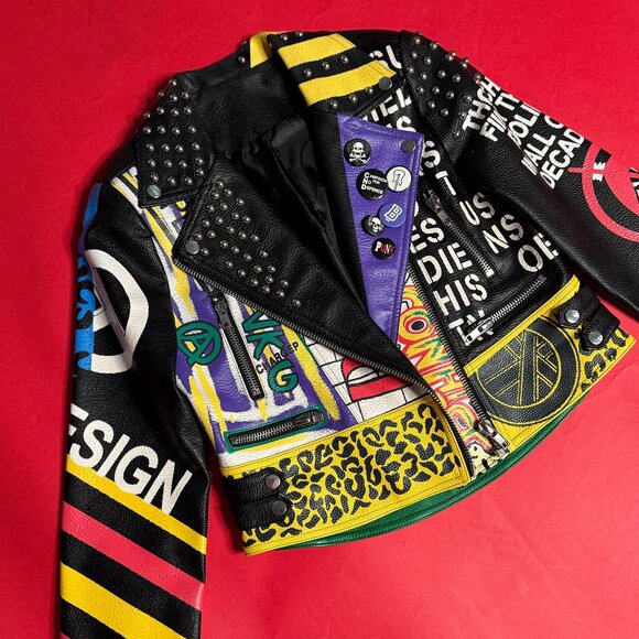 Vegan Leather Punk Print Jacket – Bold & Unique Statement Piece, Size S - Picture 7 of 11